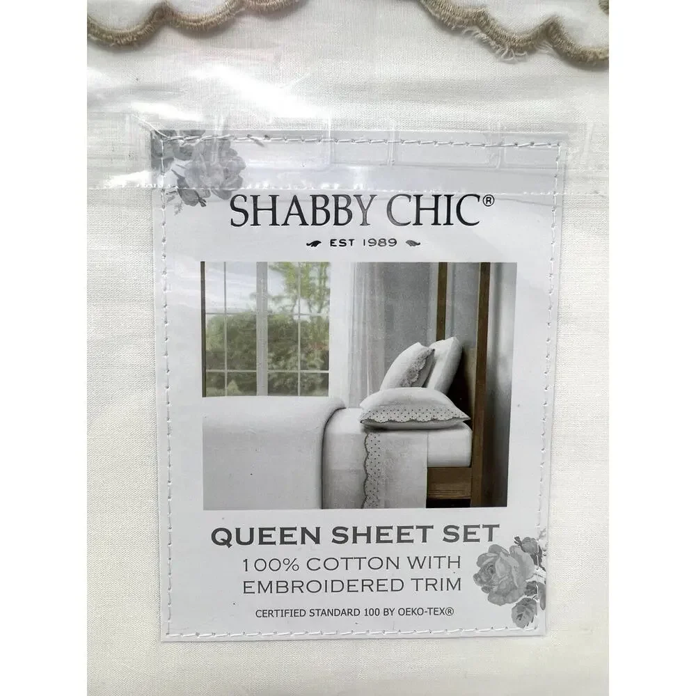 Shabby Chic Embroidered Cotton Queen Sheet Set Scallop Dot NATURAL TAN BEIGE